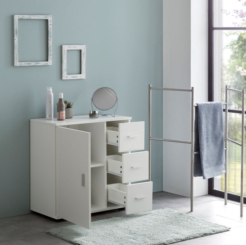 Badschrank WL5.877 Weiß 60x65,5x33cm Tür Schubladen Matt Freistehend