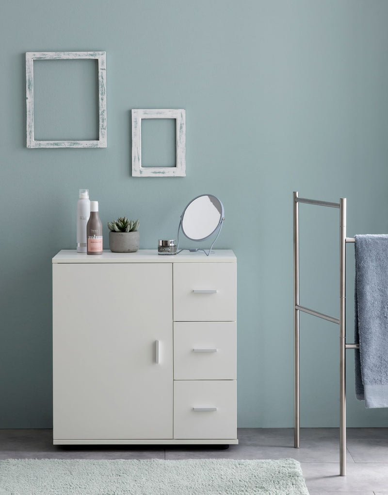 Badschrank WL5.877 Weiß 60x65,5x33cm Tür Schubladen Matt Freistehend