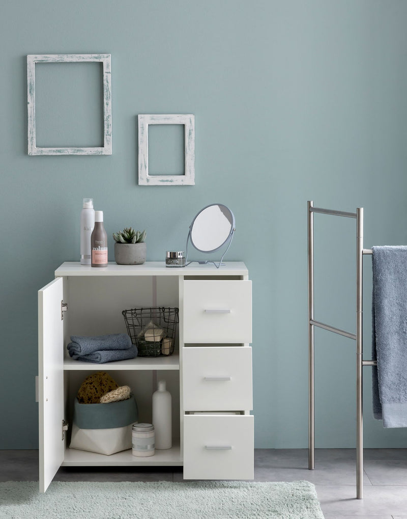 Badschrank WL5.877 Weiß 60x65,5x33cm Tür Schubladen Matt Freistehend