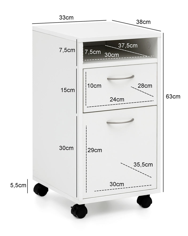 Rollcontainer WL5.901 Weiß Holz Schubladen & Tür Modern 33x63x38 cm
