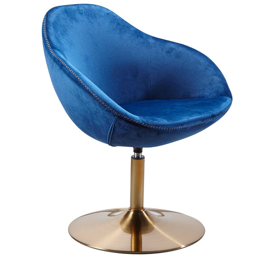 Loungesessel SIRAN in Blau mit geschwungener Rückenlehne, Samtbezug und goldener Drehfuß in Gesamtansicht.