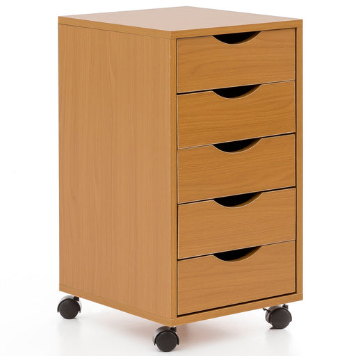 Rollcontainer WL5.924 aus Buche-MDF mit fünf Schubladen und Rollen in Gesamtansicht.