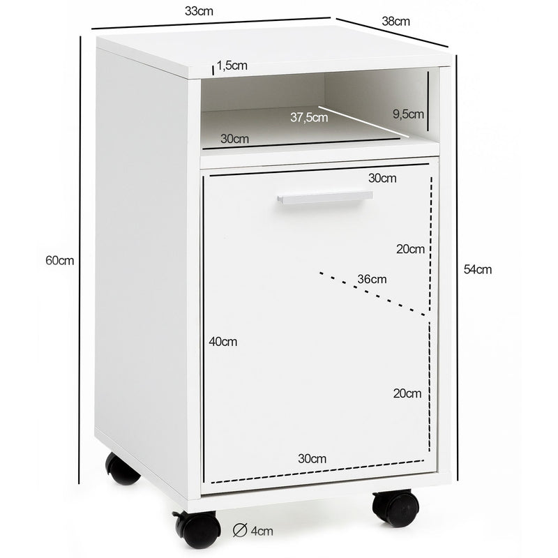 Rollcontainer Weiß 33x60x38cm Schubladenschrank mit Tür & Rollen