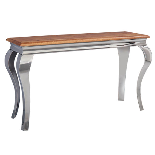 Gesamtansicht des Konsolentisch Sheesham Massivholz Metall mit Holzplatte in Braun und geschwungenen Metallbeinen in Silber.