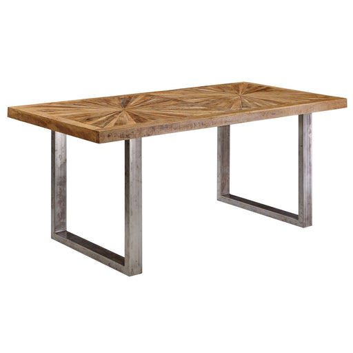 Esstisch Mango Massivholz mit Strahlendekor auf der Tischplatte und grauem Metallgestell in Industrial-Optik, Gesamtansicht.