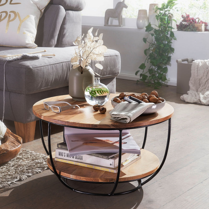 Couchtisch Akazie Massivholz Metall Rund Industrial Braun mit Ablage