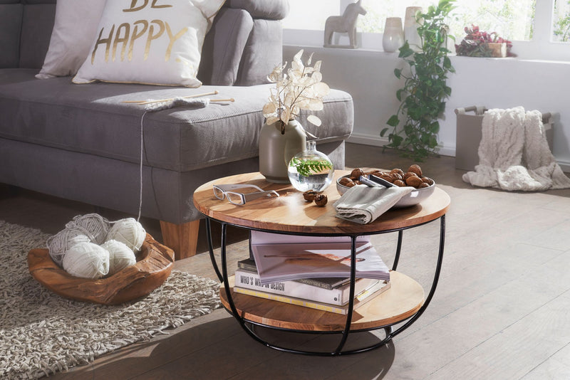 Couchtisch Akazie Massivholz Metall Rund Industrial Braun mit Ablage