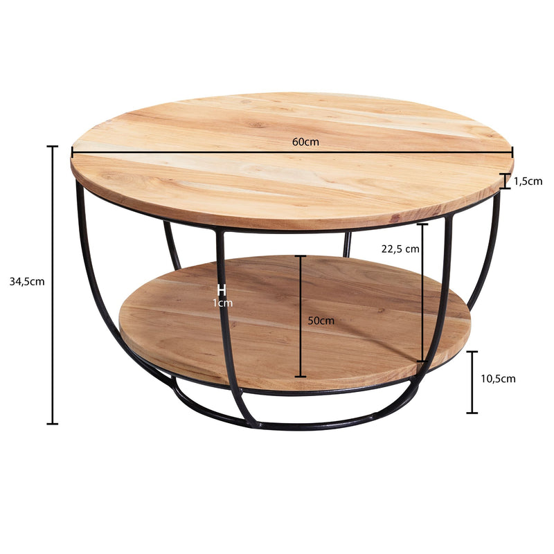 Couchtisch Akazie Massivholz Metall Rund Industrial Braun mit Ablage