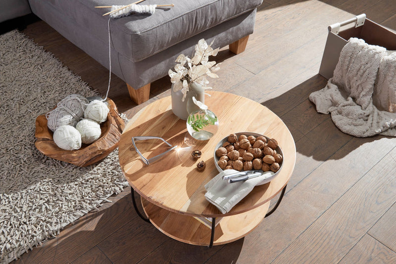 Couchtisch Akazie Massivholz Metall Rund Industrial Braun mit Ablage