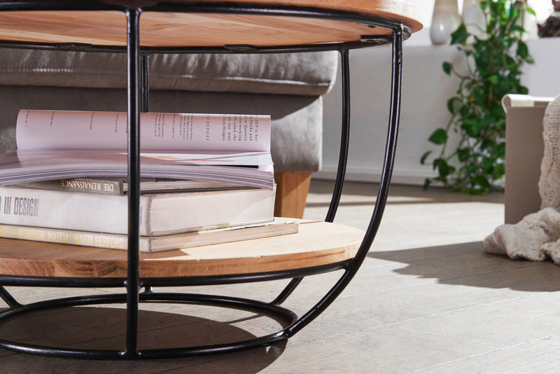 Couchtisch Akazie Massivholz Metall Rund Industrial Braun mit Ablage