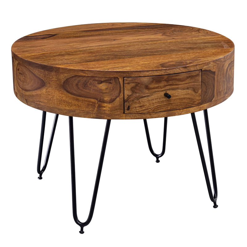 Couchtisch Sheesham Massivholz Metall Rund 60x44,5x60cm Braun Schubladen