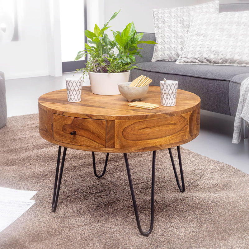 Couchtisch Sheesham Massivholz Metall Rund 60x44,5x60cm Braun Schubladen