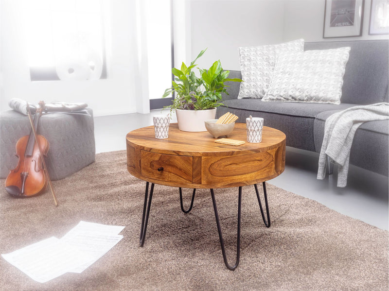 Couchtisch Sheesham Massivholz Metall Rund 60x44,5x60cm Braun Schubladen