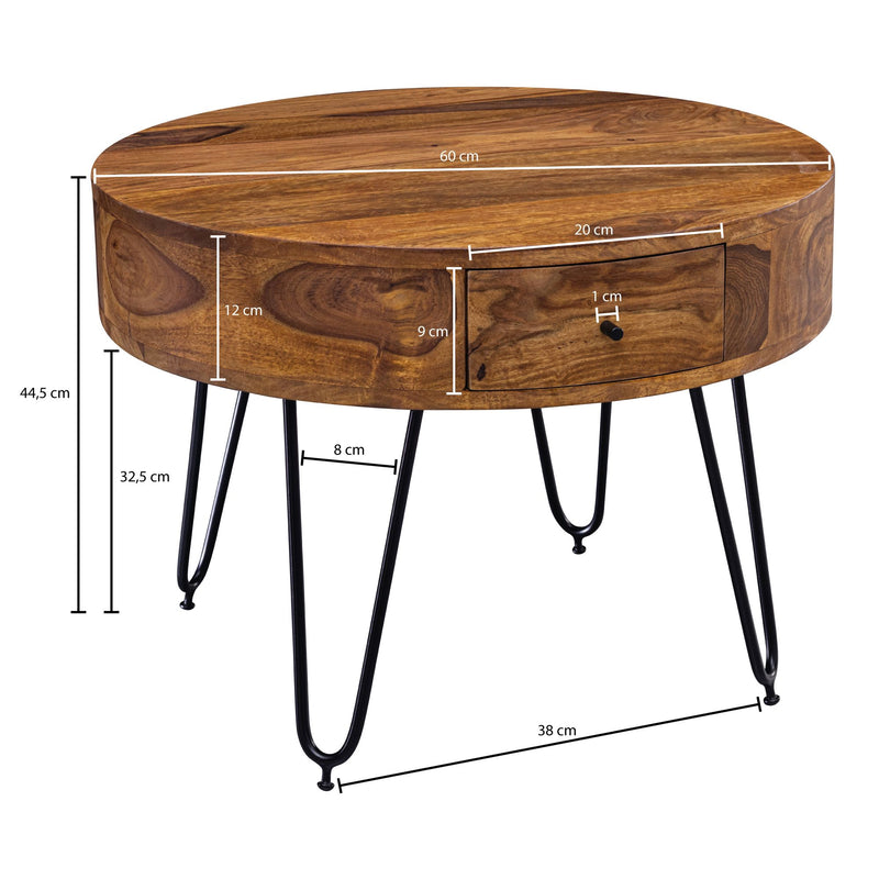 Couchtisch Sheesham Massivholz Metall Rund 60x44,5x60cm Braun Schubladen