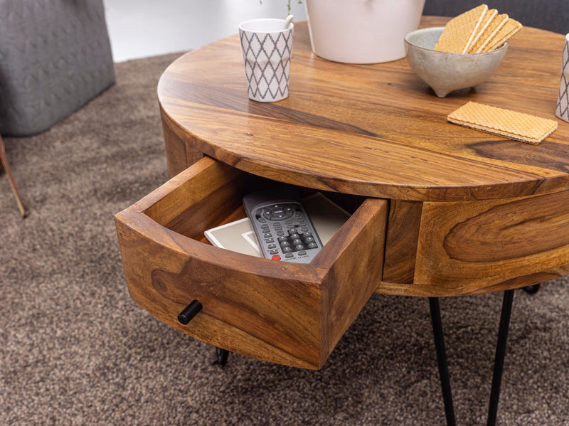 Couchtisch Sheesham Massivholz Metall Rund 60x44,5x60cm Braun Schubladen