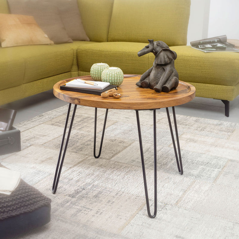 Couchtisch Sheesham Massivholz Rund 60x45x60cm Haarnadelbeine Metall