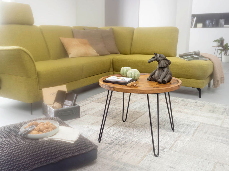 Couchtisch Sheesham Massivholz Rund 60x45x60cm Haarnadelbeine Metall