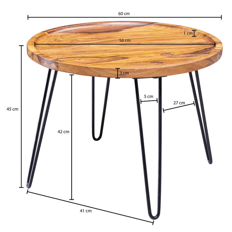 Couchtisch Sheesham Massivholz Rund 60x45x60cm Haarnadelbeine Metall