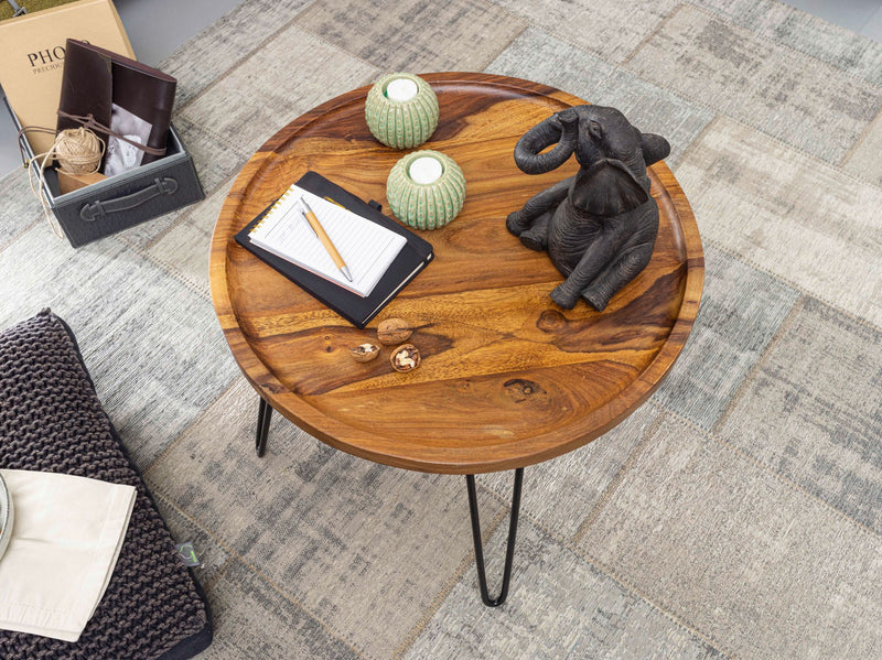Couchtisch Sheesham Massivholz Rund 60x45x60cm Haarnadelbeine Metall