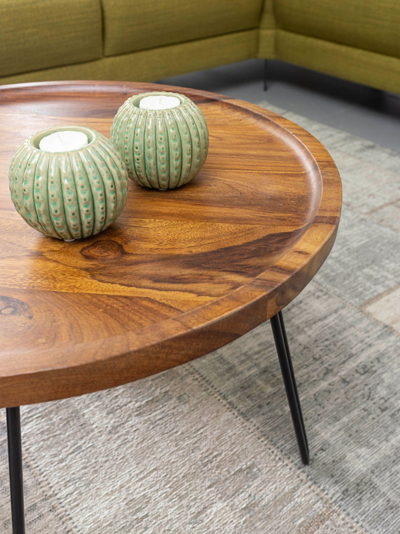 Couchtisch Sheesham Massivholz Rund 60x45x60cm Haarnadelbeine Metall