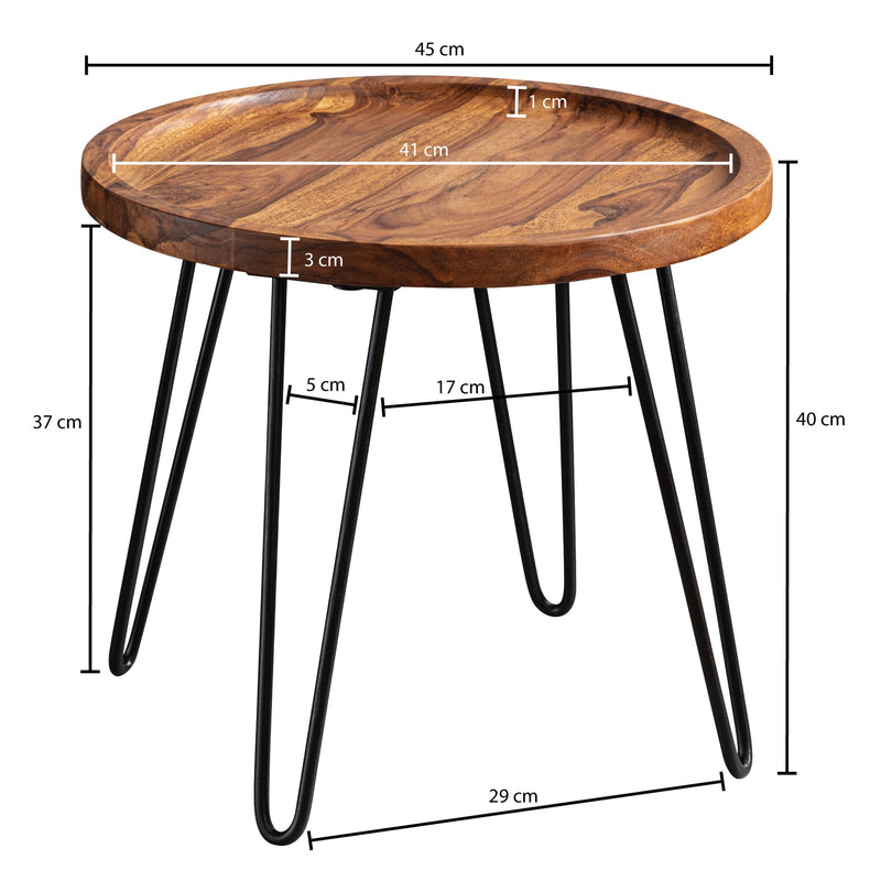 Couchtisch Sheesham Massivholz Rund 45x40x45cm Haarnadelbeine Metall