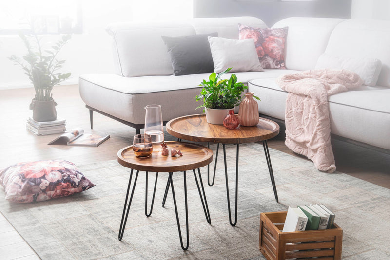Couchtisch Sheesham Massivholz Rund 45x40x45cm Haarnadelbeine Metall