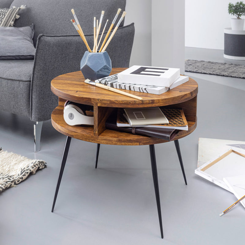 Couchtisch Sheesham Massivholz Metall Rund 60x45x60cm Braun Ablage