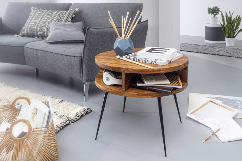 Couchtisch Sheesham Massivholz Metall Rund 60x45x60cm Braun Ablage