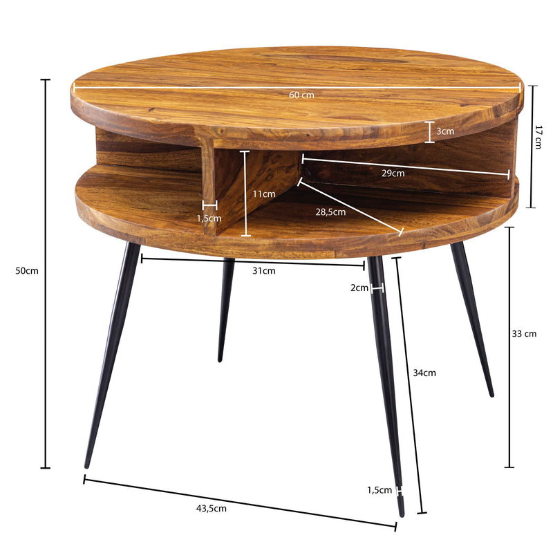 Couchtisch Sheesham Massivholz Metall Rund 60x45x60cm Braun Ablage