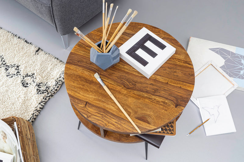 Couchtisch Sheesham Massivholz Metall Rund 60x45x60cm Braun Ablage