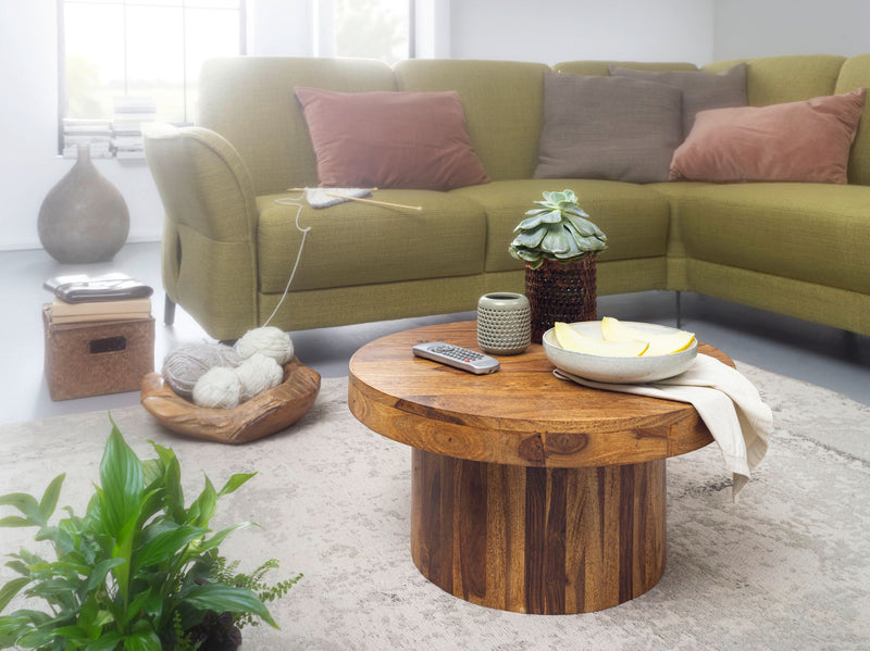Couchtisch Sheesham Massivholz 60x30x60cm Rund Braun Wohnzimmer