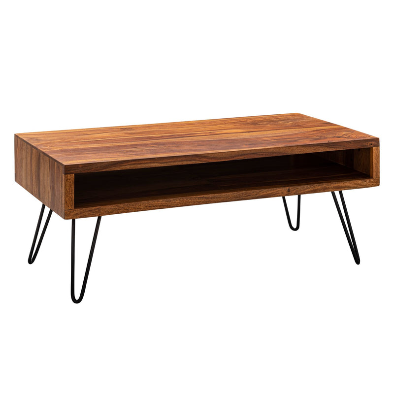 Couchtisch 100x40x50cm Sheesham Massivholz Metall Rechteckig Wohnzimmer