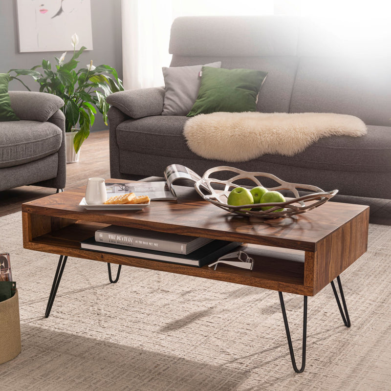 Couchtisch 100x40x50cm Sheesham Massivholz Metall Rechteckig Wohnzimmer