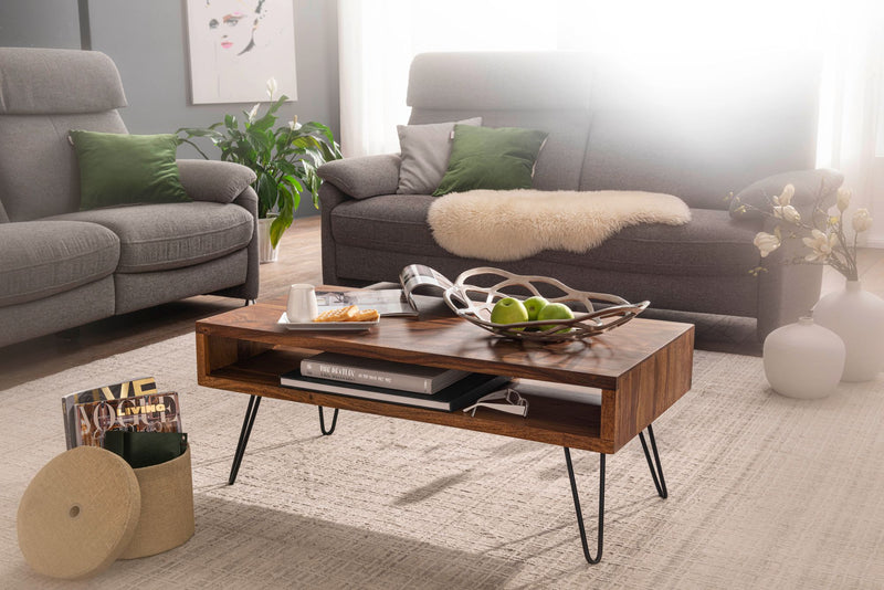 Couchtisch 100x40x50cm Sheesham Massivholz Metall Rechteckig Wohnzimmer