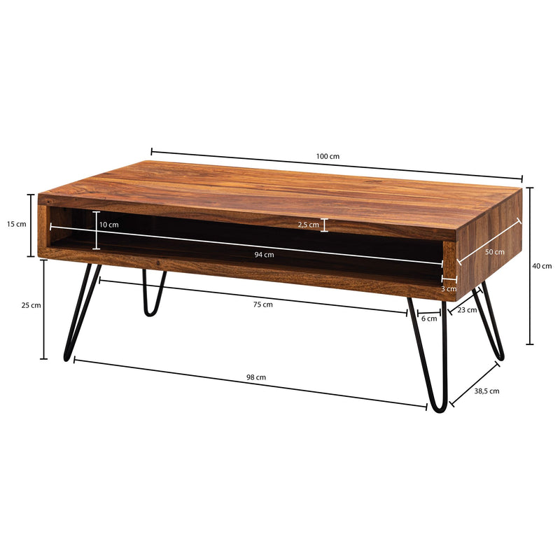 Couchtisch 100x40x50cm Sheesham Massivholz Metall Rechteckig Wohnzimmer