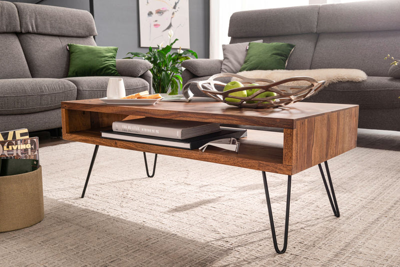 Couchtisch 100x40x50cm Sheesham Massivholz Metall Rechteckig Wohnzimmer