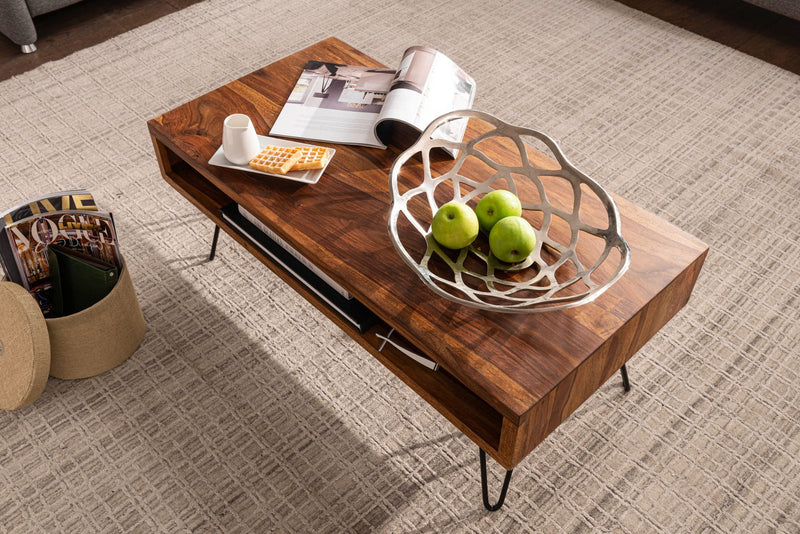 Couchtisch 100x40x50cm Sheesham Massivholz Metall Rechteckig Wohnzimmer