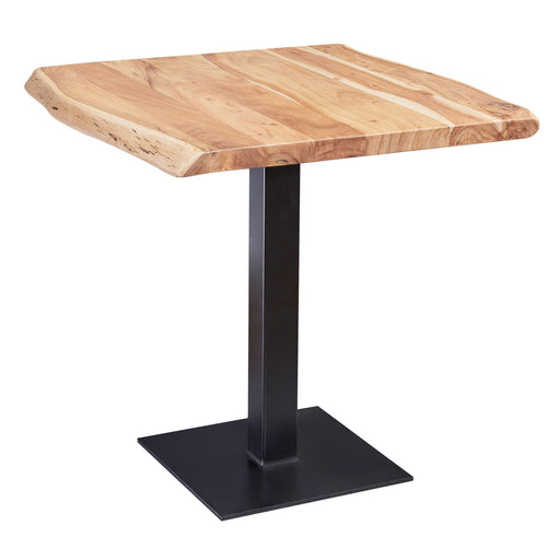 Esstisch Baumkante 80x75x75cm Akazie mit naturbelassener Holzplatte und schwarzem Metallgestell, Gesamtansicht.