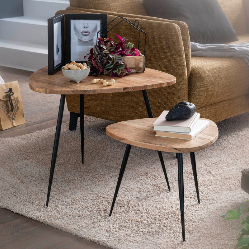 Satztisch Set 2er Akazie Massivholz Metallgestell Couchtisch Design