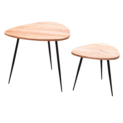 Satztisch Set 2er Akazie Massivholz mit ovalen Holzplatten und schwarzem Metallgestell in Gesamtansicht.