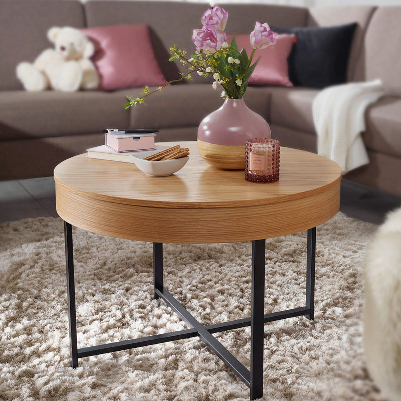 Couchtisch Rund Ø69cm Eichenoptik Stauraum Metallbeine MDF