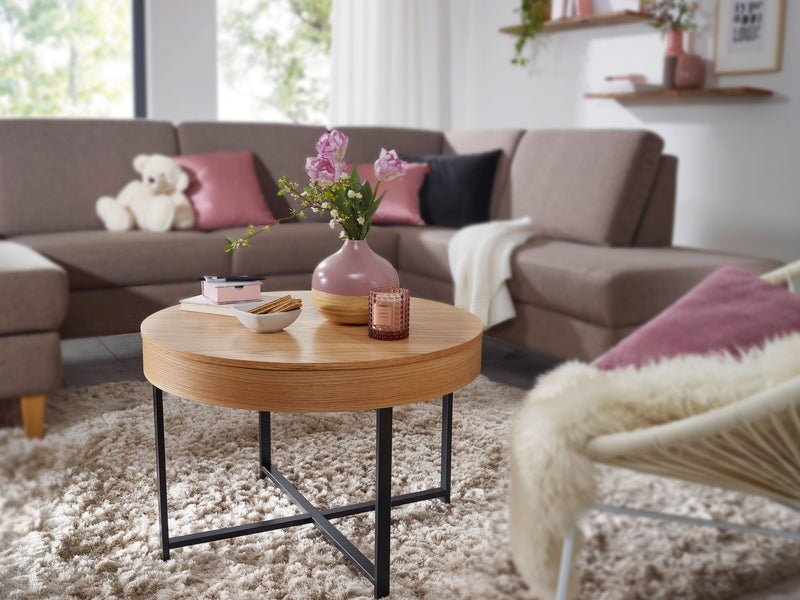 Couchtisch Rund Ø69cm Eichenoptik Stauraum Metallbeine MDF