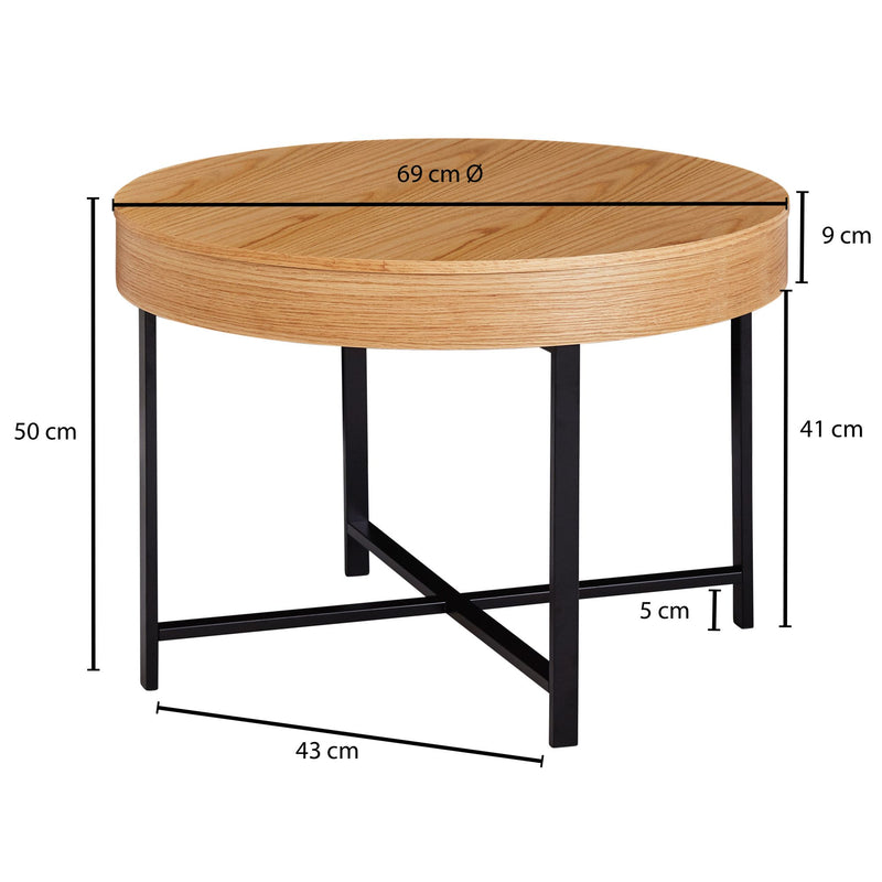 Couchtisch Rund Ø69cm Eichenoptik Stauraum Metallbeine MDF