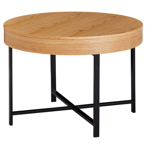 Couchtisch Rund Ø69cm Eichenoptik mit runder Holzplatte und schwarzem Metallgestell in Gesamtansicht.