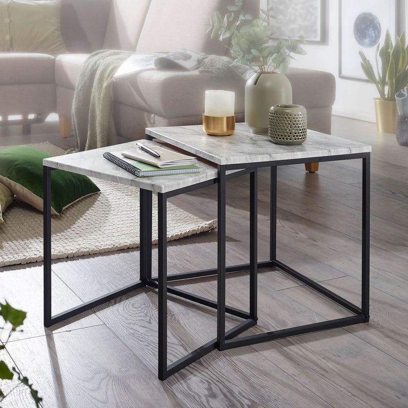 Beistelltisch 2er Set Marmoroptik Weiß Schwarzgestell Modern