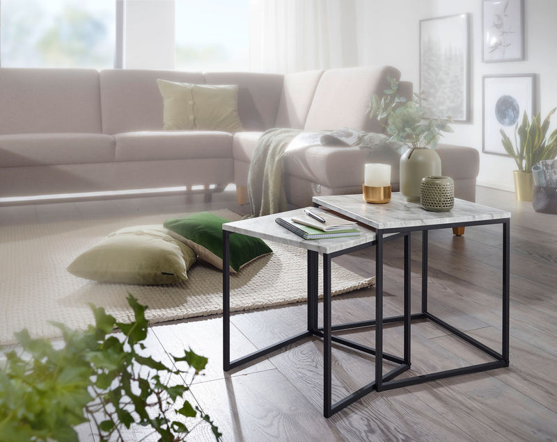 Beistelltisch 2er Set Marmoroptik Weiß Schwarzgestell Modern