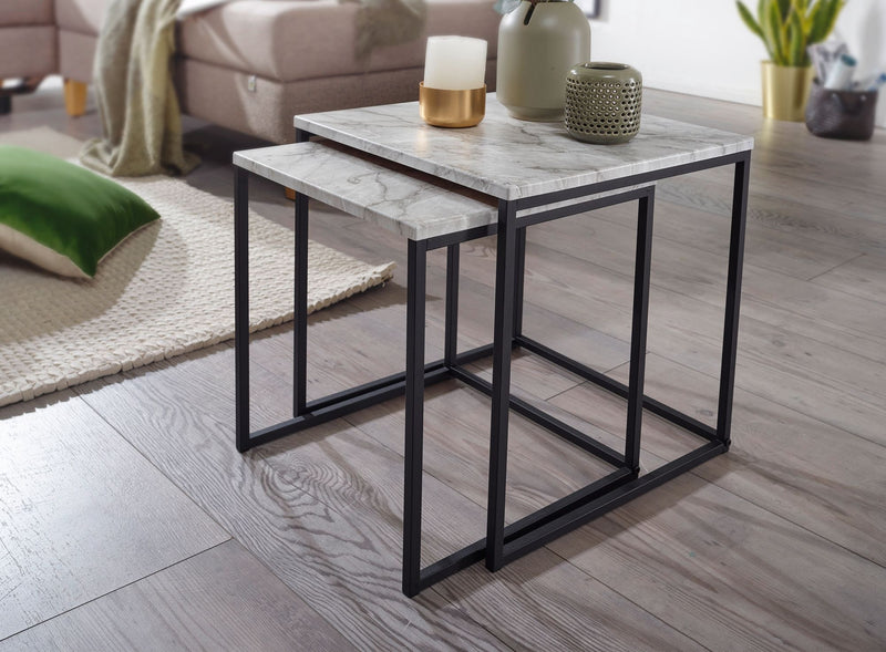 Beistelltisch 2er Set Marmoroptik Weiß Schwarzgestell Modern