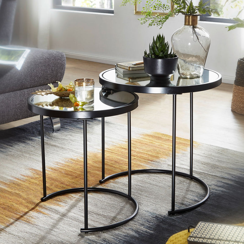 Beistelltisch 2er Set Rund Ø50/42cm Schwarz Spiegelglas Wohnzimmertisch
