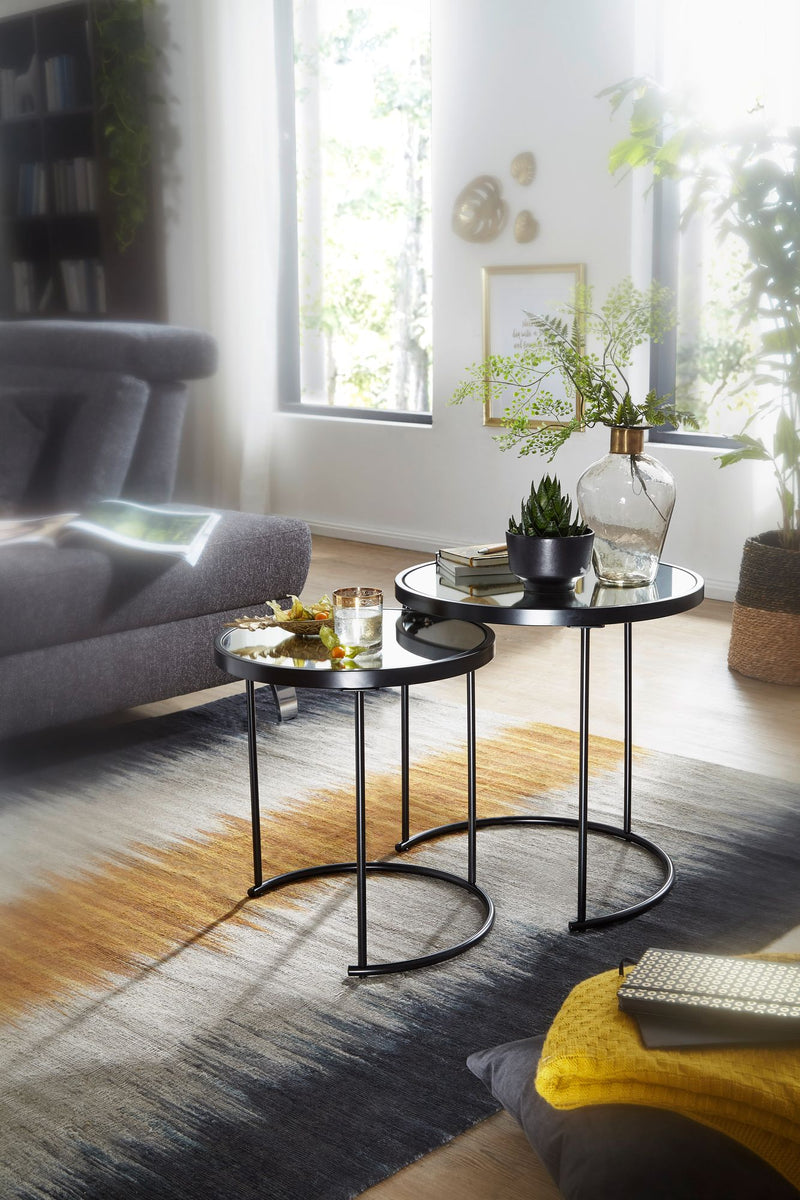 Beistelltisch 2er Set Rund Ø50/42cm Schwarz Spiegelglas Wohnzimmertisch