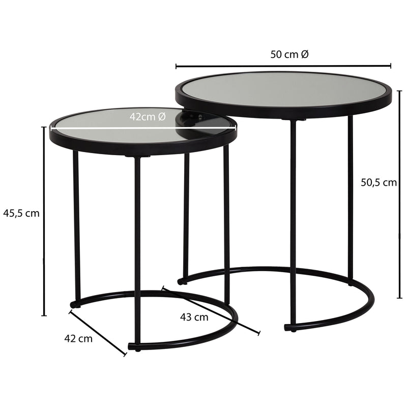 Beistelltisch 2er Set Rund Ø50/42cm Schwarz Spiegelglas Wohnzimmertisch